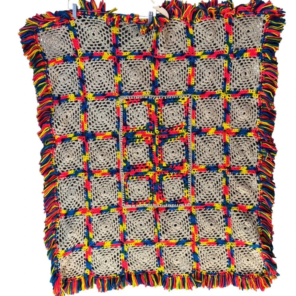Vintage Crochet Granny Square Cottagecore Blanket Afghan Boho Throw‎ Fringe